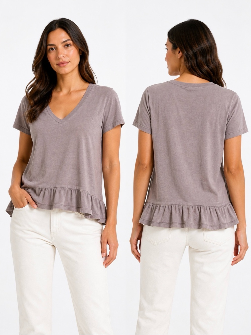 bobi Taupe V-Neck Ruffle Hem Tee